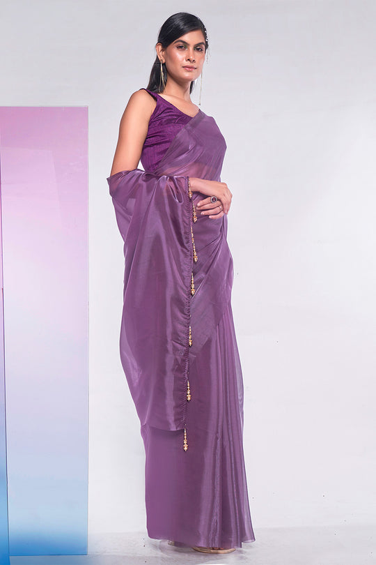 Mauve Organza Saree With Blouse Piece