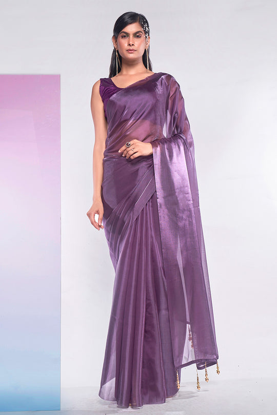 Mauve Organza Saree With Blouse Piece