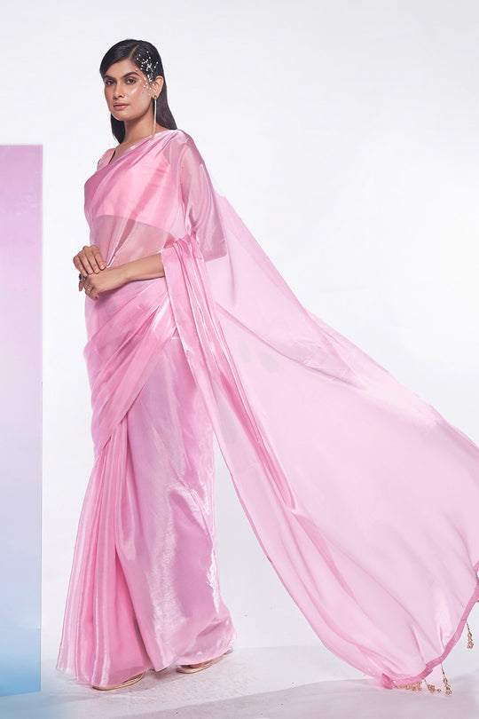 Pink Organza Saree With Blouse Piece