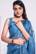 Blue Organza Saree With Blouse Piece