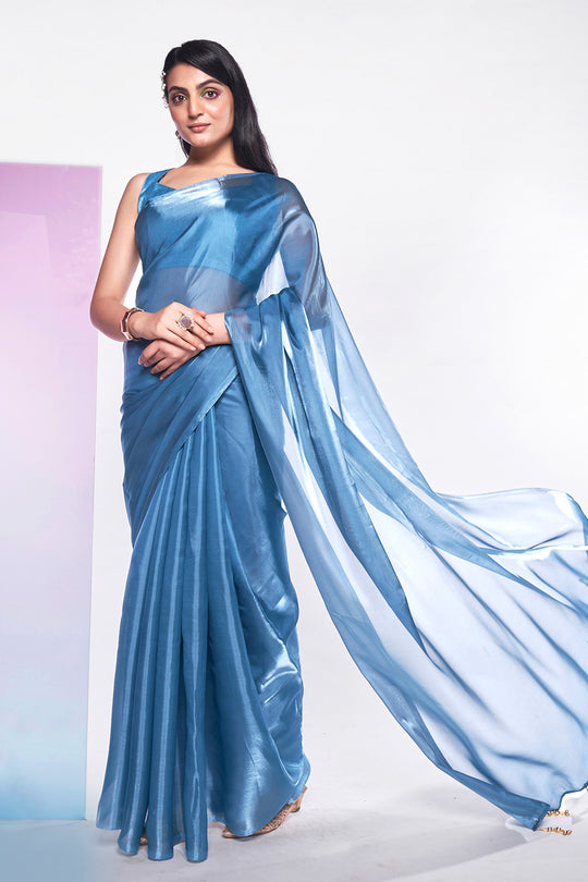 Blue Organza Saree With Blouse Piece