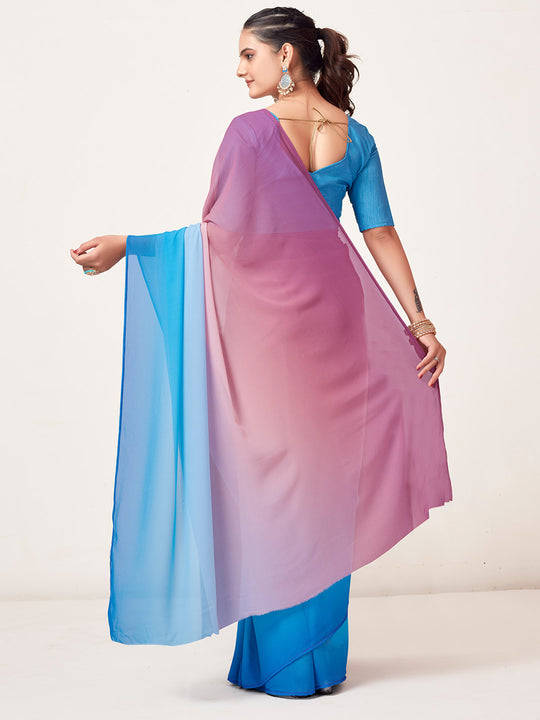 Blue And Wine Georgette Party Wear Saree With Blouse Piece