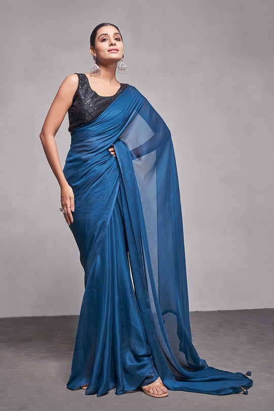 Teal Silk Saree With Blouse Piece