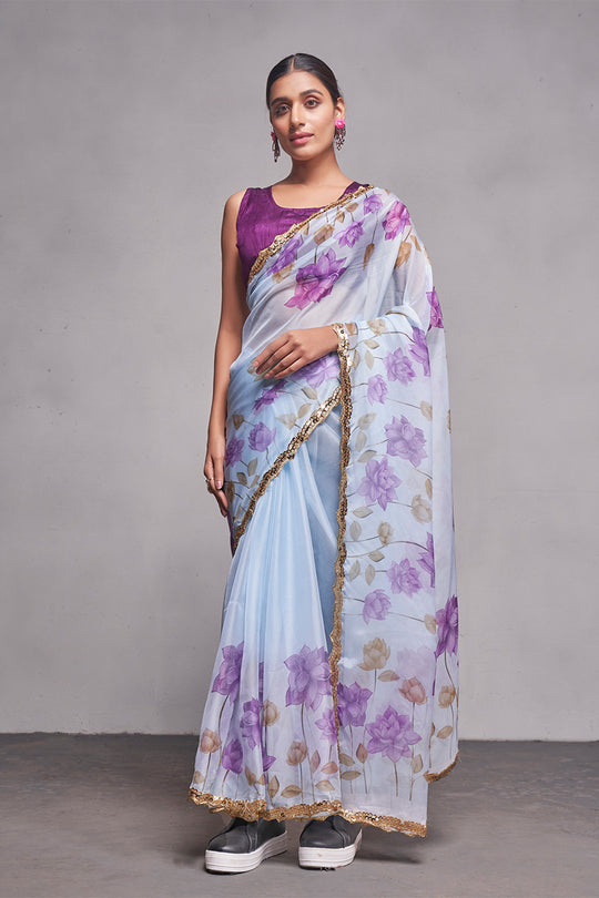 Blue Floral Organza Saree With Blouse Piece