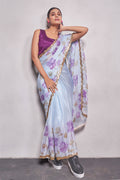 Blue Floral Organza Saree With Blouse Piece