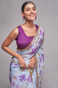 Blue Floral Organza Saree With Blouse Piece