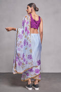 Blue Floral Organza Saree With Blouse Piece