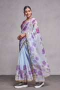 Blue Floral Organza Saree With Blouse Piece