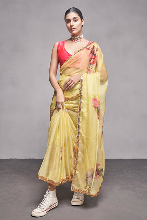 Lime Organza Saree With Blouse Piece