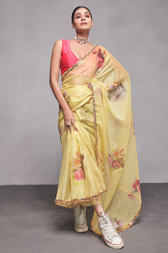 Lime Organza Saree With Blouse Piece