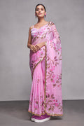 Pink Organza Floral Saree With Blouse Piece