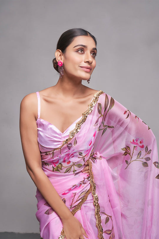 Pink Organza Floral Saree With Blouse Piece