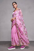 Pink Organza Floral Saree With Blouse Piece