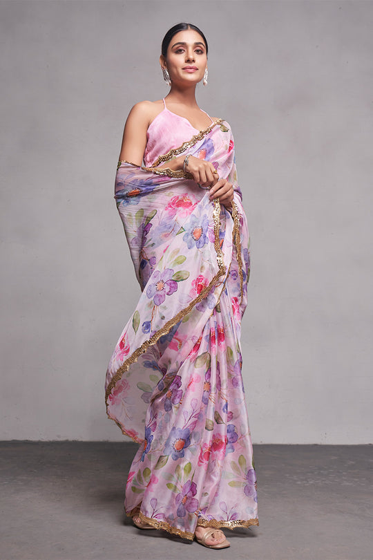 Pink Floral Organza Saree With Blouse Piece