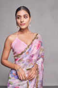 Pink Floral Organza Saree With Blouse Piece