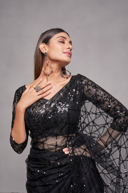 Black Net Saree With Blouse Piece
