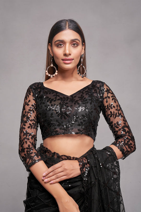 Black Net Saree With Blouse Piece