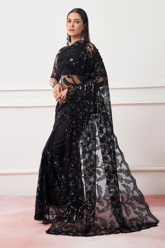 Black Net Saree With Blouse Piece