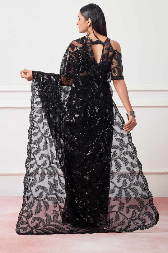 Black Net Saree With Blouse Piece