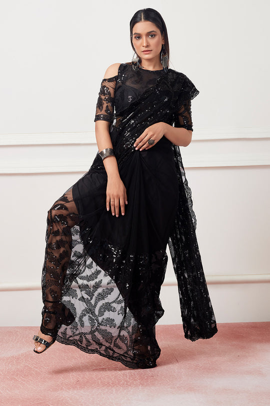 Black Net Saree With Blouse Piece