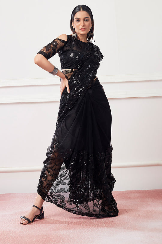 Black Net Saree With Blouse Piece