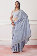 Grey Satin Georgette Saree With Blouse Piece