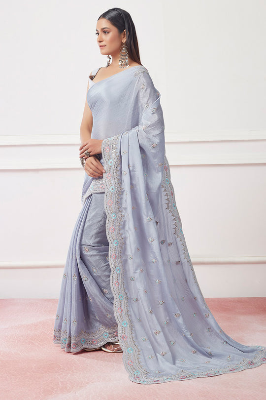 Grey Satin Georgette Saree With Blouse Piece