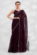 Wine Chiffon Saree With Blouse Piece