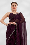 Wine Chiffon Saree With Blouse Piece