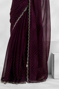 Wine Chiffon Saree With Blouse Piece