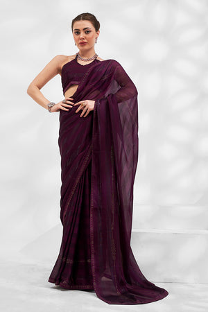 Wine Chiffon Saree With Blouse Piece