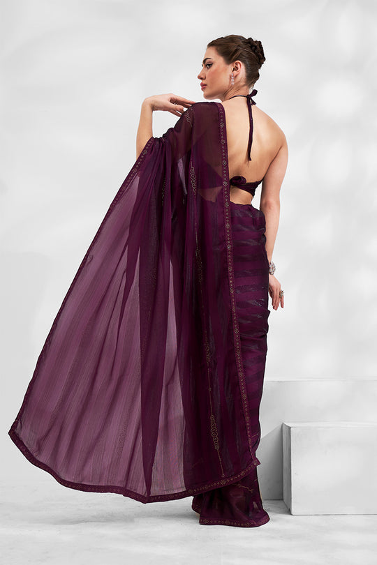 Wine Chiffon Saree With Blouse Piece