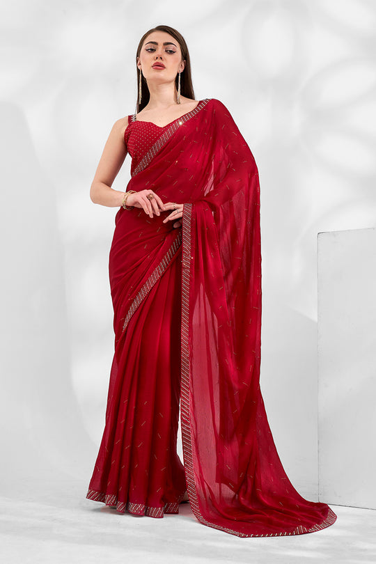 Red Chiffon Saree With Blouse Piece