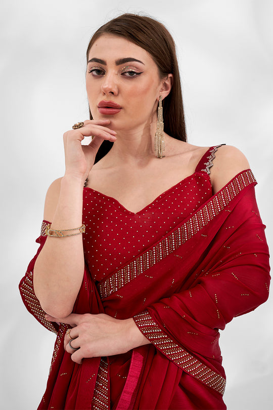 Red Chiffon Saree With Blouse Piece