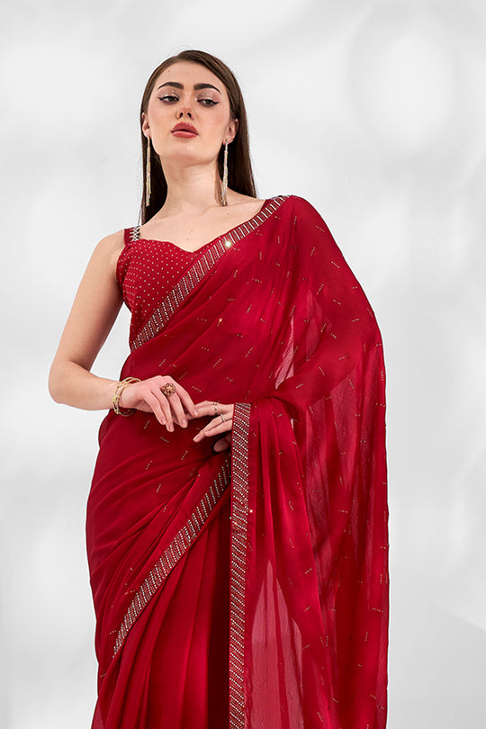 Red Chiffon Saree With Blouse Piece