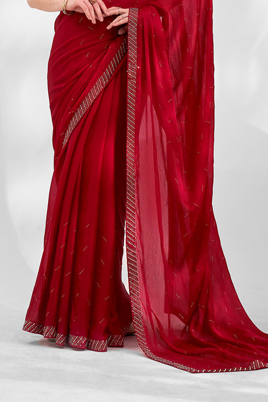 Red Chiffon Saree With Blouse Piece