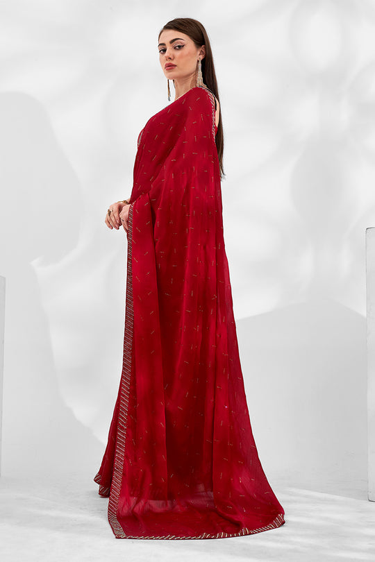 Red Chiffon Saree With Blouse Piece