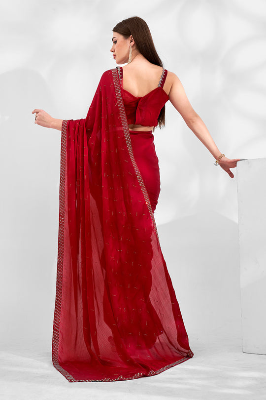Red Chiffon Saree With Blouse Piece