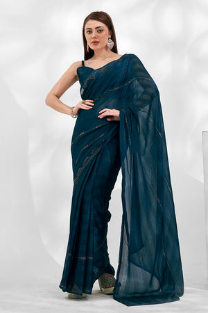 Teal Chiffon Saree With Blouse Piece