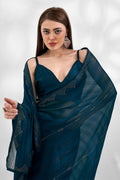 Teal Chiffon Saree With Blouse Piece