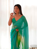 Ombre Blue & Green Organza Saree With Blouse Piece