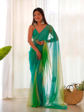 Ombre Blue & Green Organza Saree With Blouse Piece