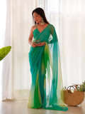 Ombre Blue & Green Organza Saree With Blouse Piece