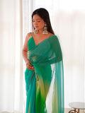 Ombre Blue & Green Organza Saree With Blouse Piece