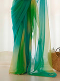 Ombre Blue & Green Organza Saree With Blouse Piece