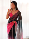 Ombre Pink & Black Organza Saree With Blouse Piece