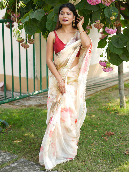 Beige Organza Saree With Blouse Piece