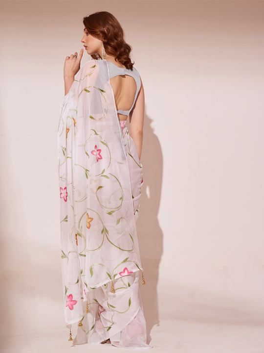 White Organza Saree With Blouse Piece