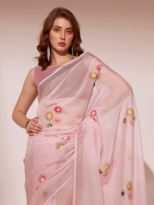 Pink Organza Saree With Blouse Piece