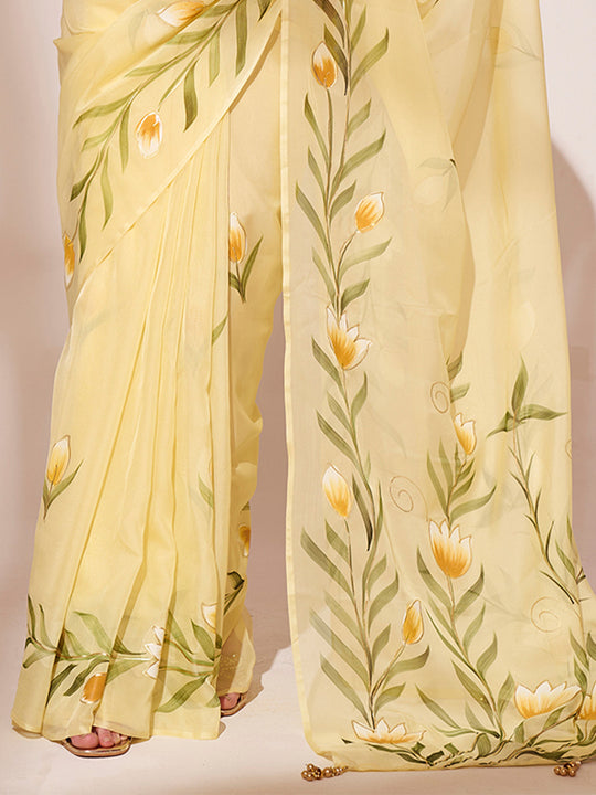 Yellow Organza Saree With Blouse Piece